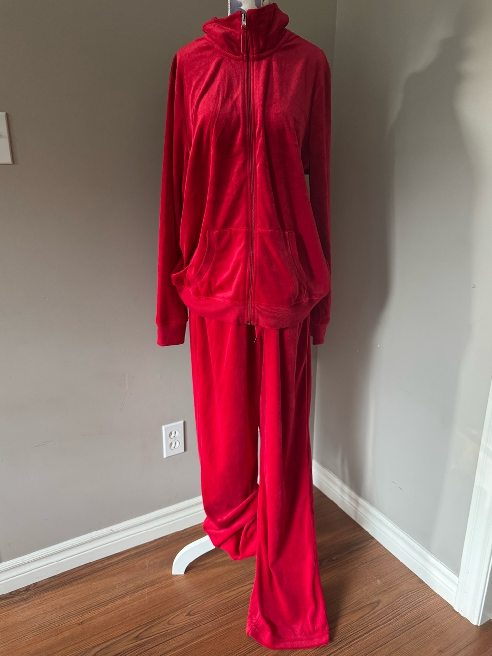 George Red Velour Zip Hoodie & Wide-Leg Lounge Pants Set